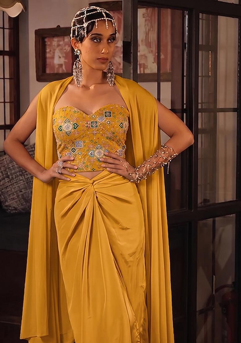 Yellow Printed Crepe Fusion Set - Indya