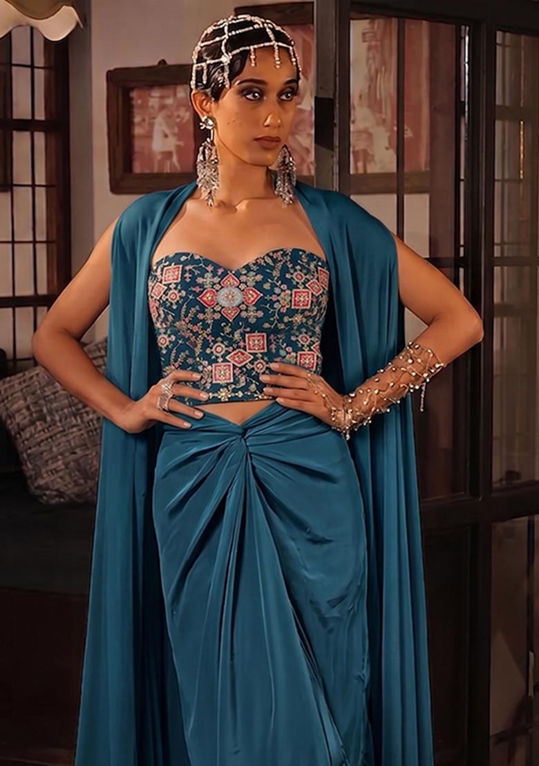 Blue Printed Crepe Fusion Set - Indya