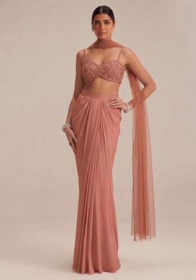Peach Embroidered Net Fusion Set