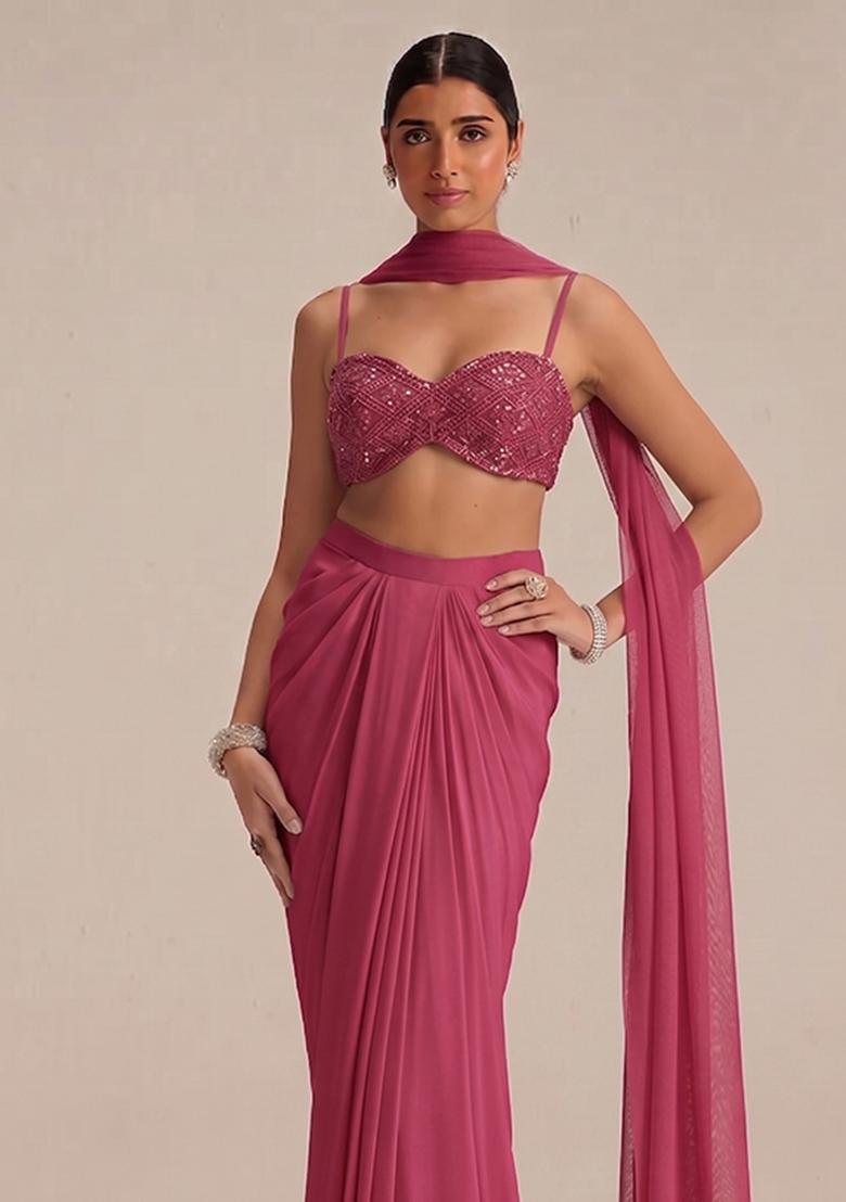 Pink Embroidered Net Fusion Set - Indya