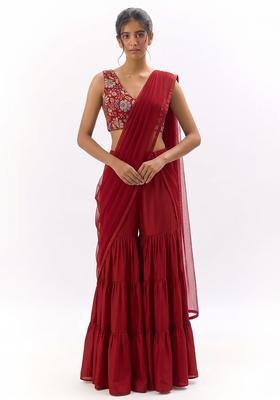 Red Printed Crepe Sharara Set