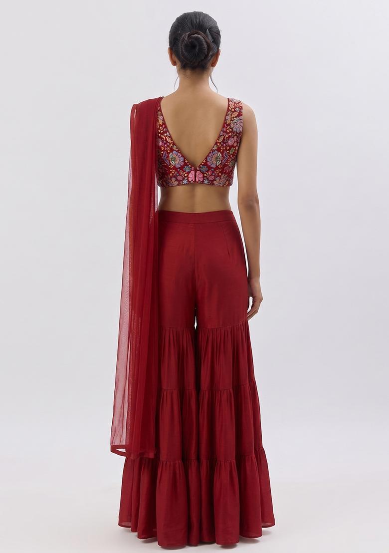 Red Printed Crepe Sharara Set - Indya