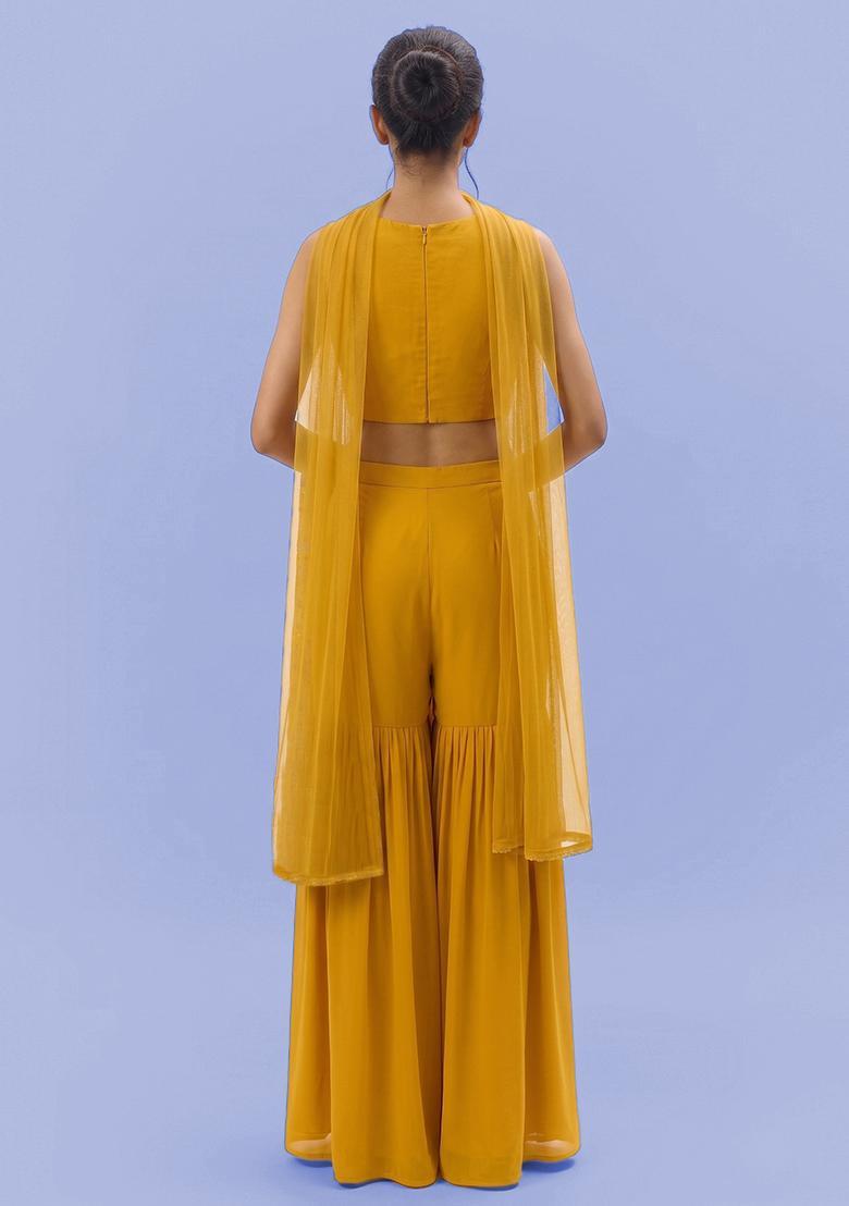 Yellow Printed Crepe Sharara Set - Indya