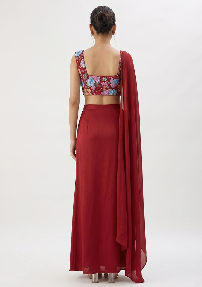 Red Embroidered Crepe Fusion Set - Indya