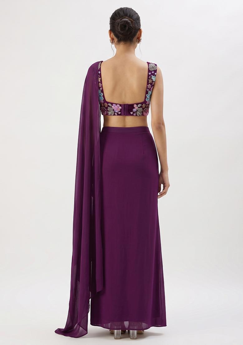 Purple Embroidered Crepe Fusion Set - Indya