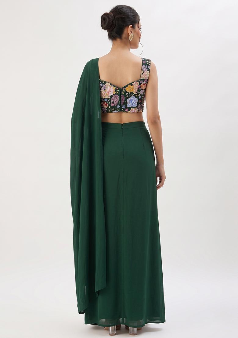 Dark Green Embroidered Crepe Fusion Set - Indya