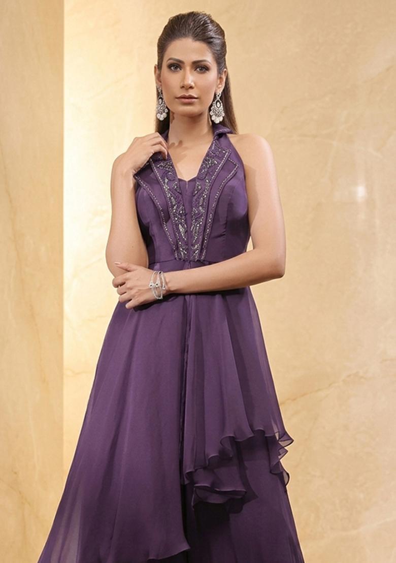 Plum Embroidered Handwork Fusion Set - Indya