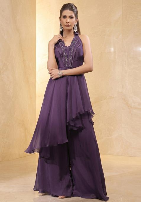 Plum Embroidered Handwork Fusion Set
