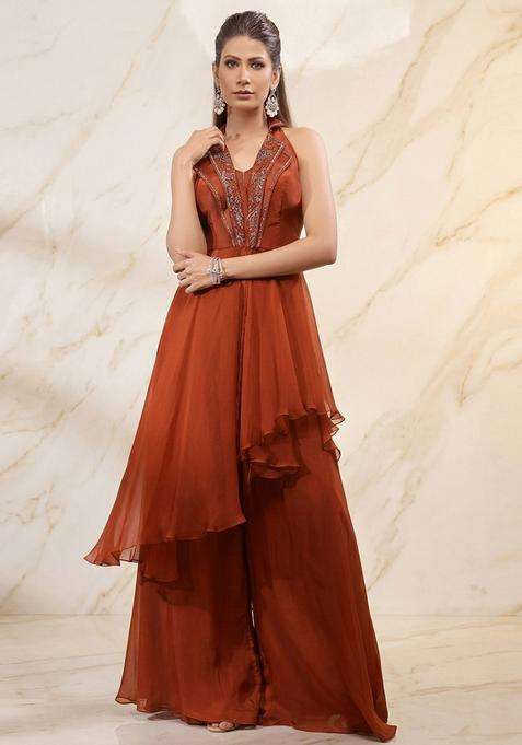 Rust Embroidered Handwork Fusion Set
