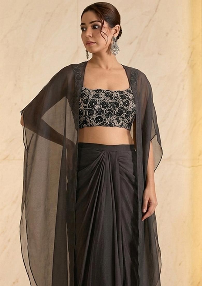 Black Embroidered Handwork Fusion Set - Indya