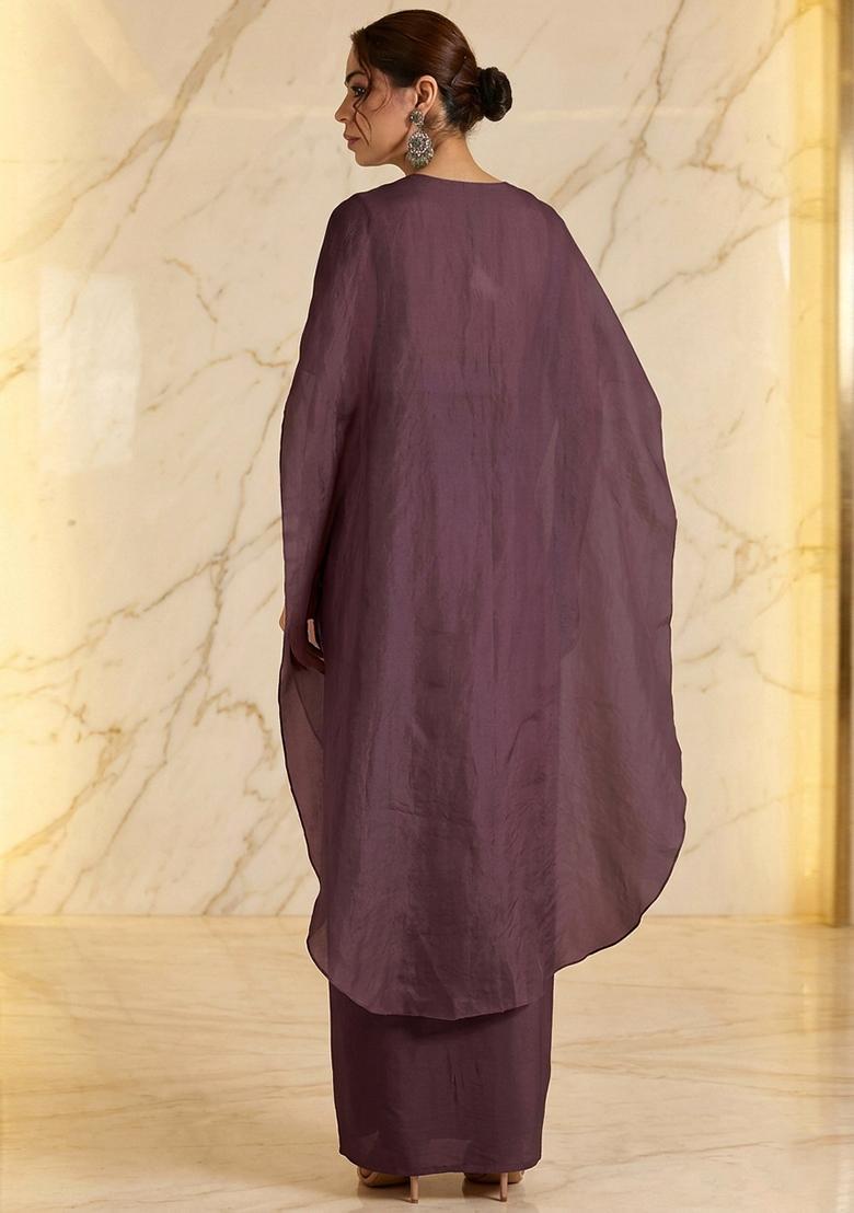 Plum Embroidered Handwork Fusion Set - Indya