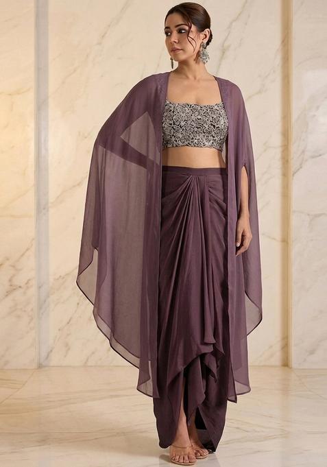 Plum Embroidered Handwork Fusion Set