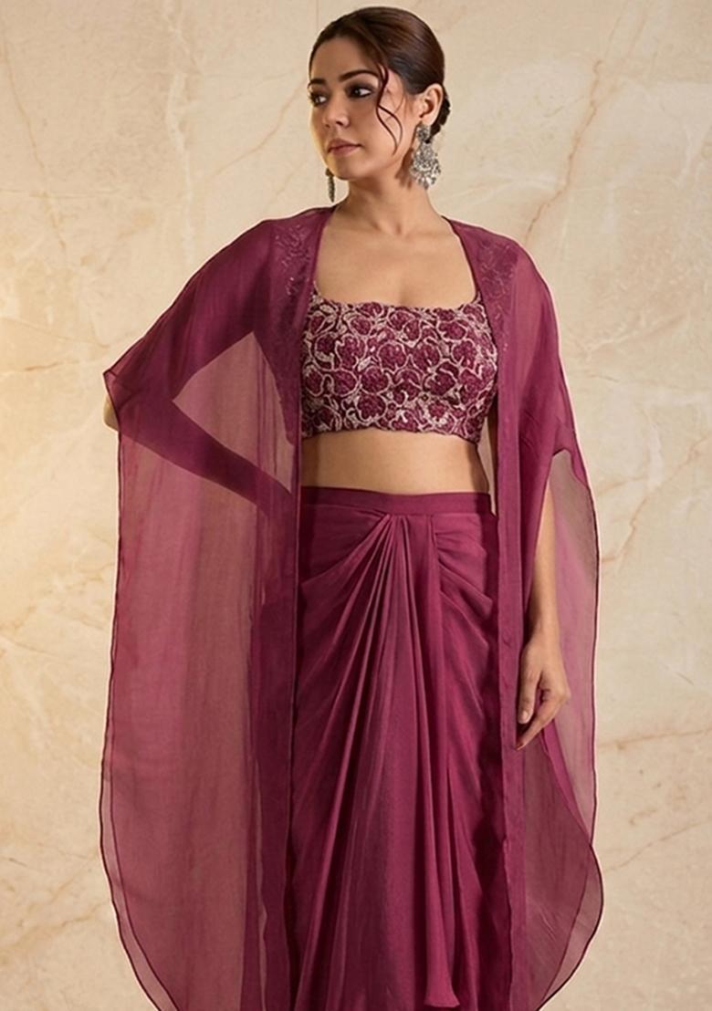 Mauve Embroidered Handwork Fusion Set - Indya