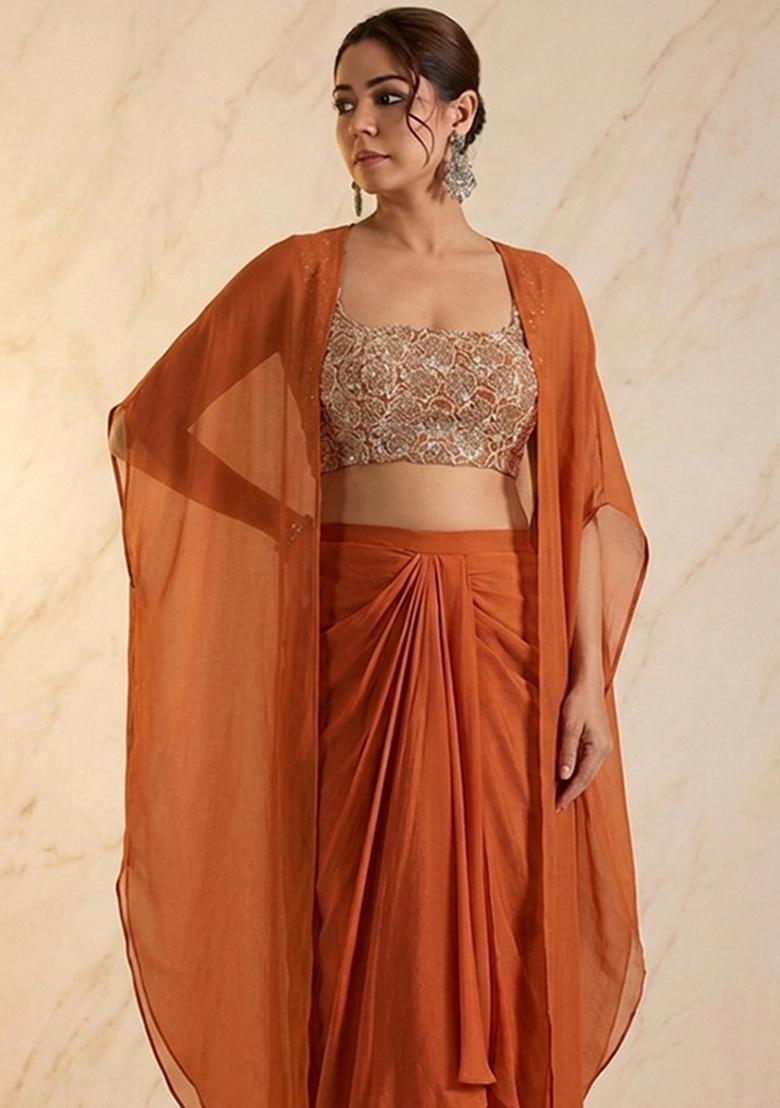 Rust Embroidered Handwork Fusion Set - Indya