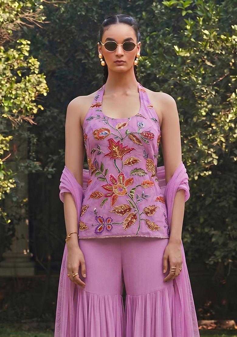 Pink Embroidered Organza Sharara Set - Indya
