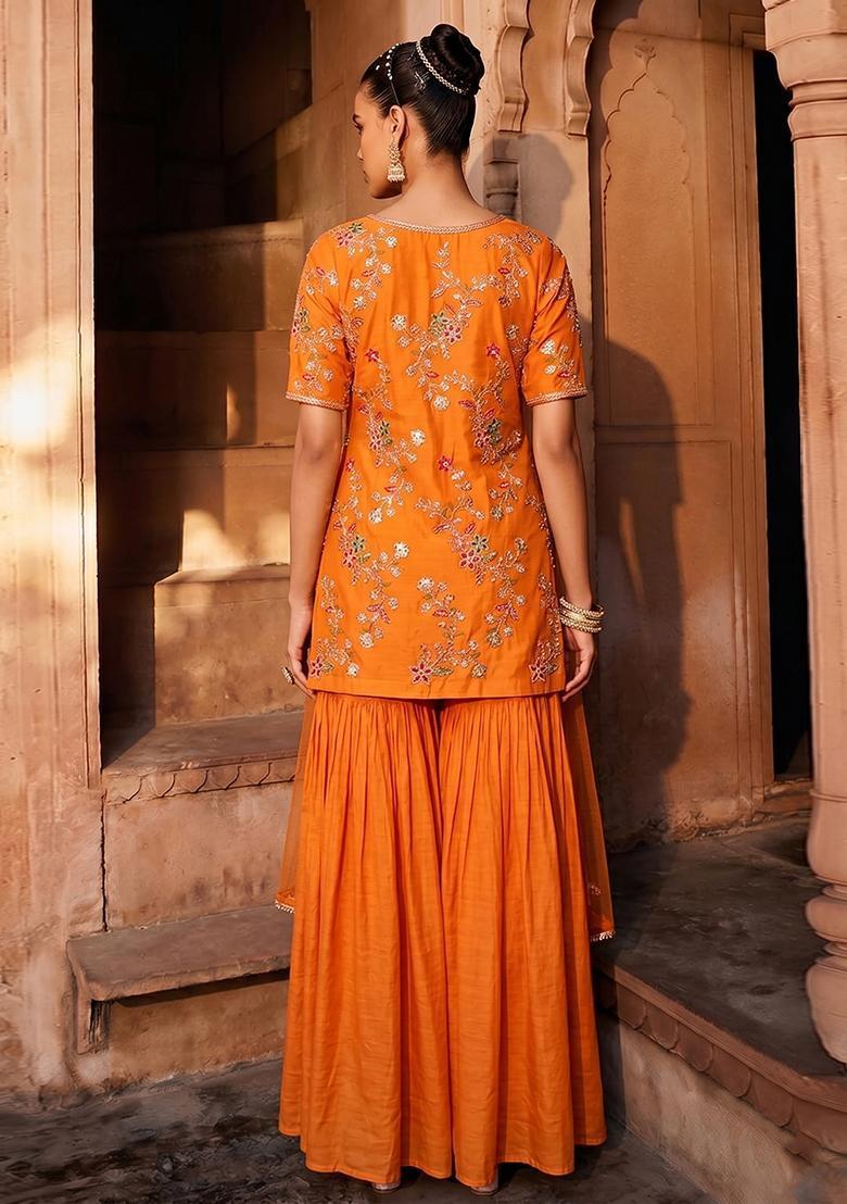 Orange Embroidered Crepe Sharara Set - Indya