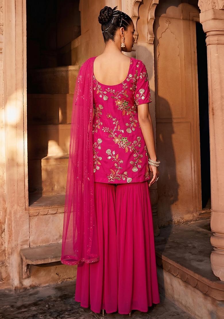 Pink Embroidered Crepe Sharara Set - Indya