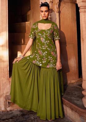 Olive Green Embroidered Crepe Sharara Set