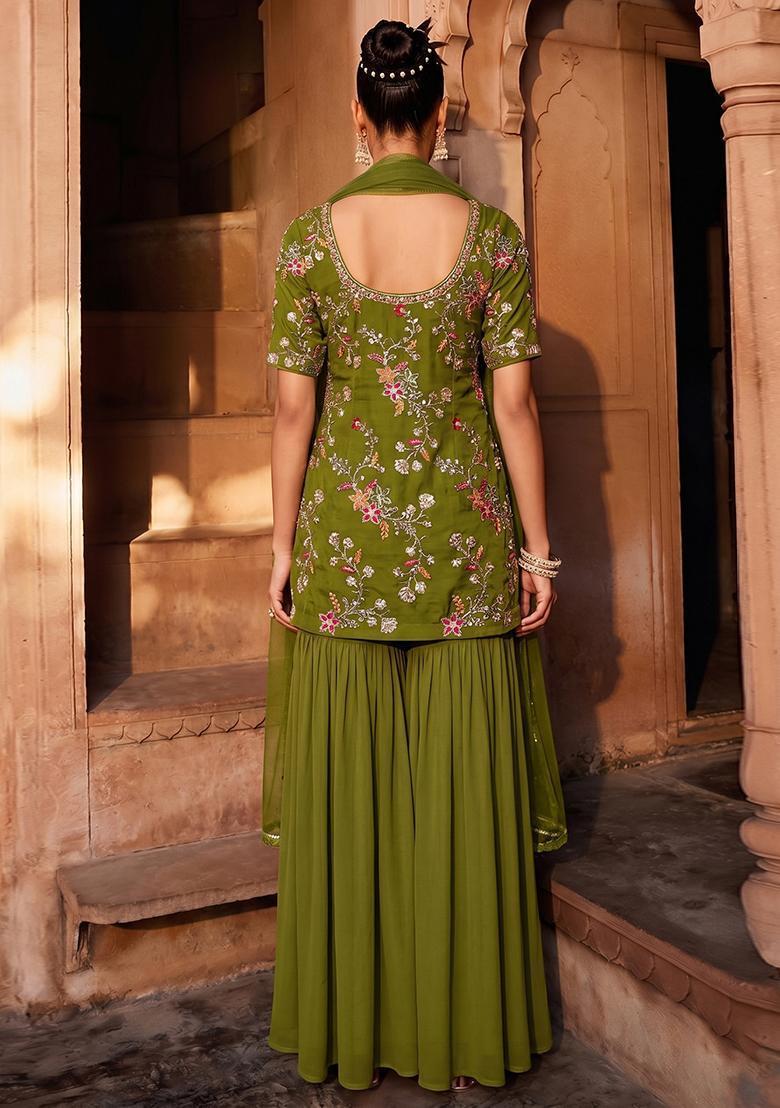 Olive Green Embroidered Crepe Sharara Set - Indya