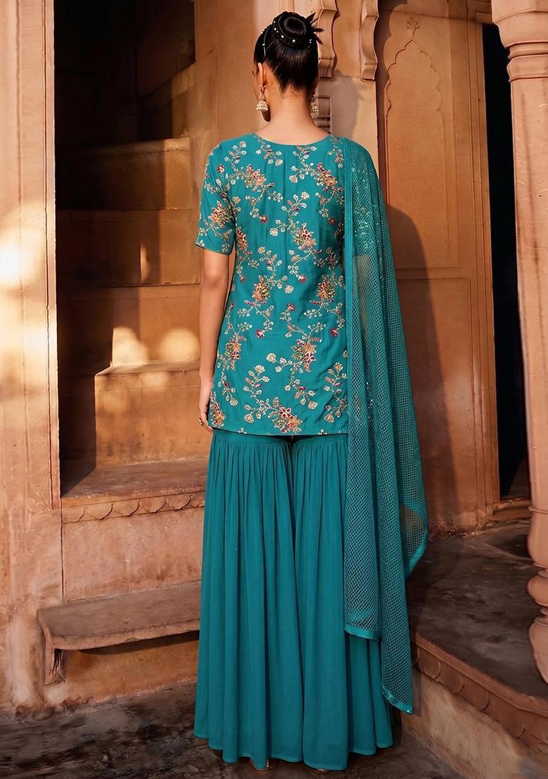 Teal Blue Embroidered Crepe Sharara Set - Indya