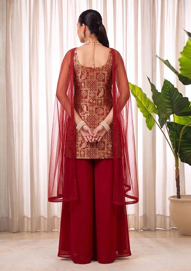 Red Silk Blend Sharara Set - Indya
