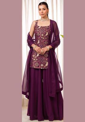 Wine Silk Blend Sharara Set