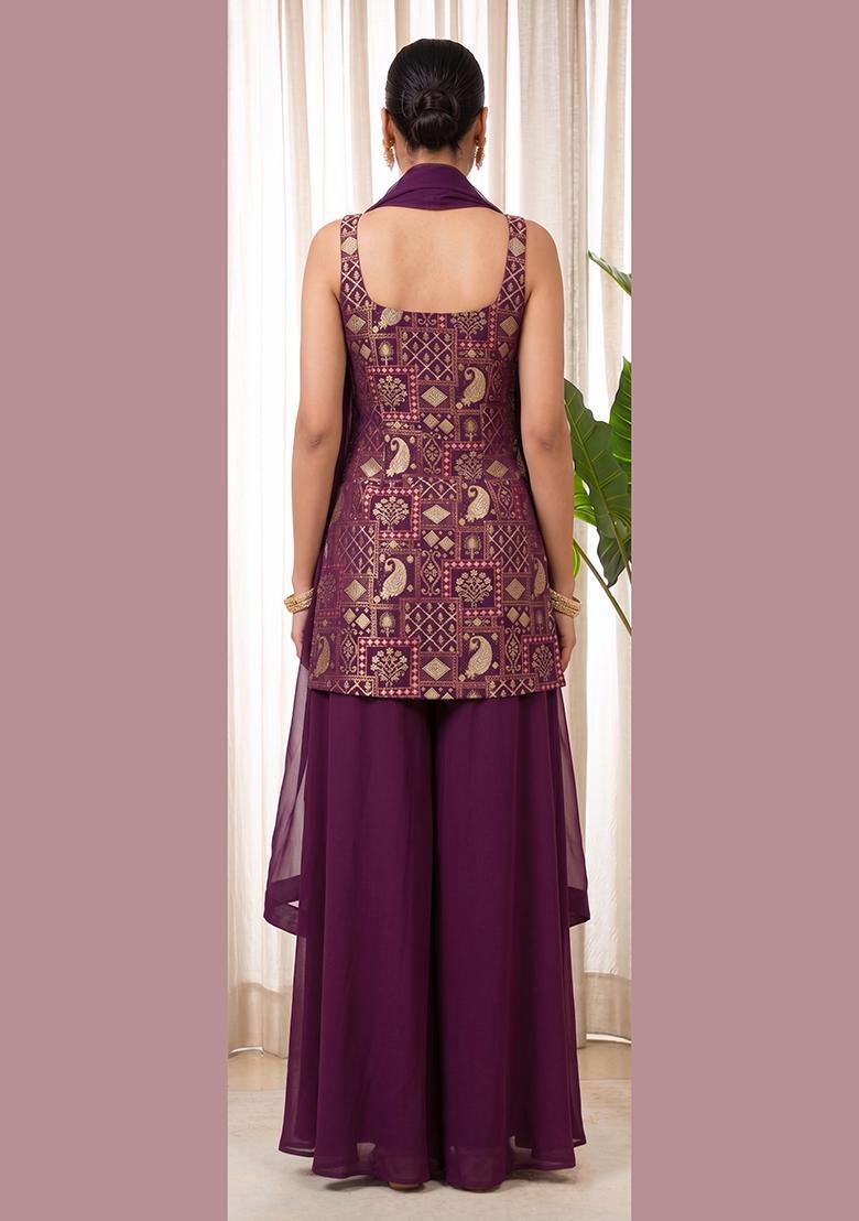 Wine Silk Blend Sharara Set - Indya