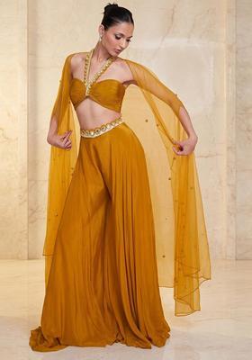 Mustard Yellow Embroidered Handwork Fusion Set