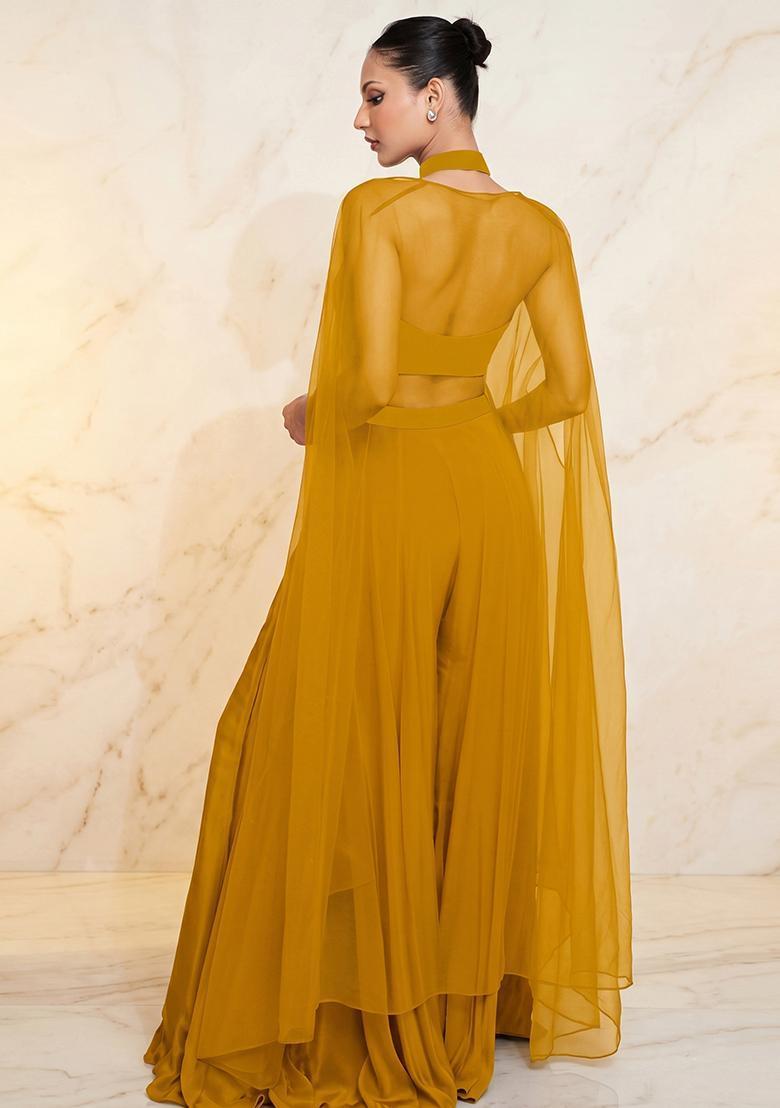 Mustard Yellow Embroidered Handwork Fusion Set - Indya
