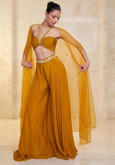 Mustard Yellow Embroidered Handwork Fusion Set