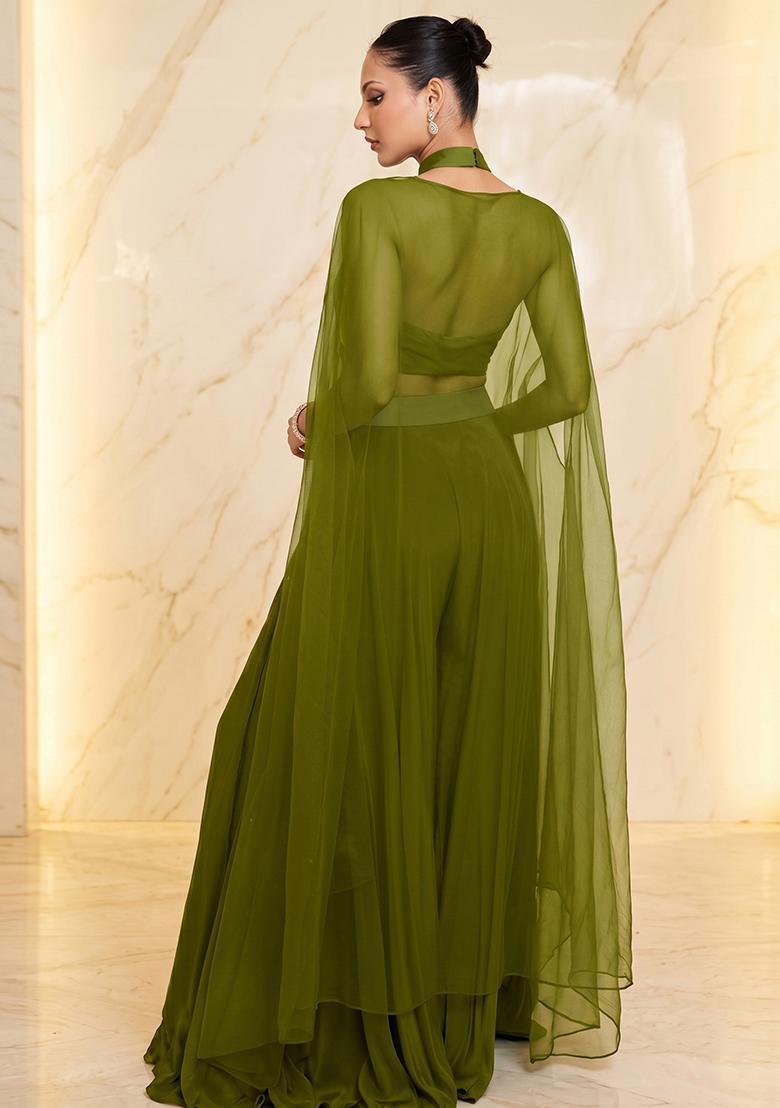 Olive Green Embroidered Handwork Fusion Set - Indya