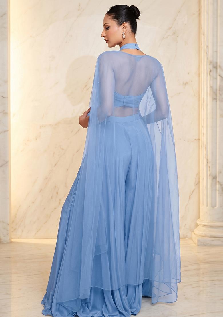 Powder Blue Embroidered Handwork Fusion Set - Indya