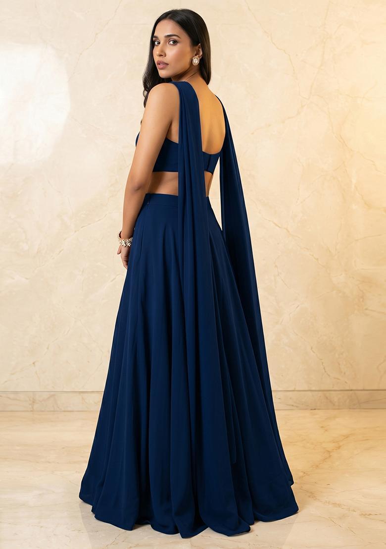 Navy Blue Embroidered Handwork Lehenga Set - Indya