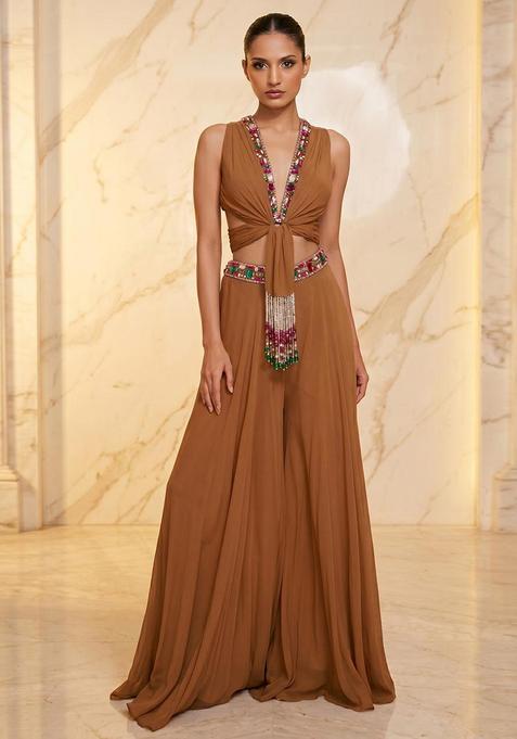 Beige Embroidered Handwork Fusion Set