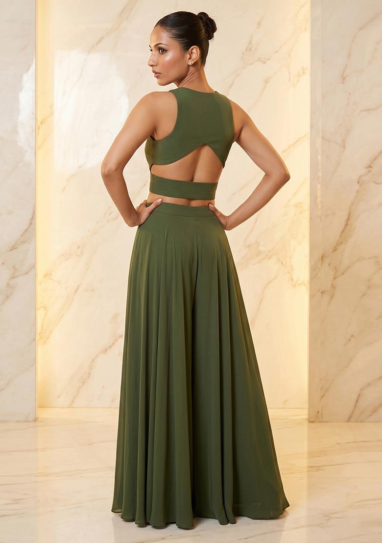 Olive Green Embroidered Handwork Fusion Set - Indya
