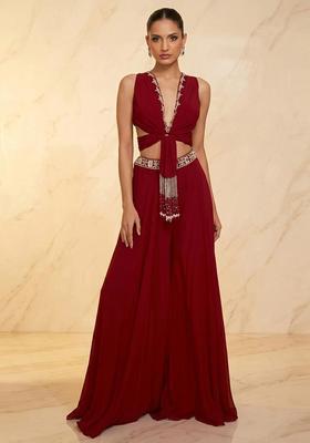 Red Embroidered Handwork Fusion Set