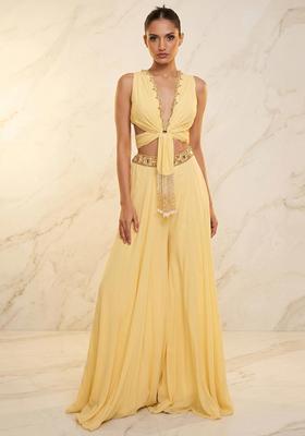 Yellow Embroidered Handwork Fusion Set