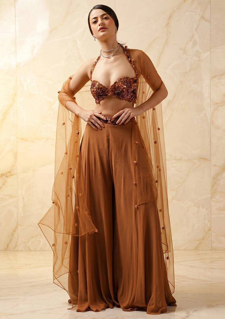 Beige Embroidered Handwork Sharara Set - Indya