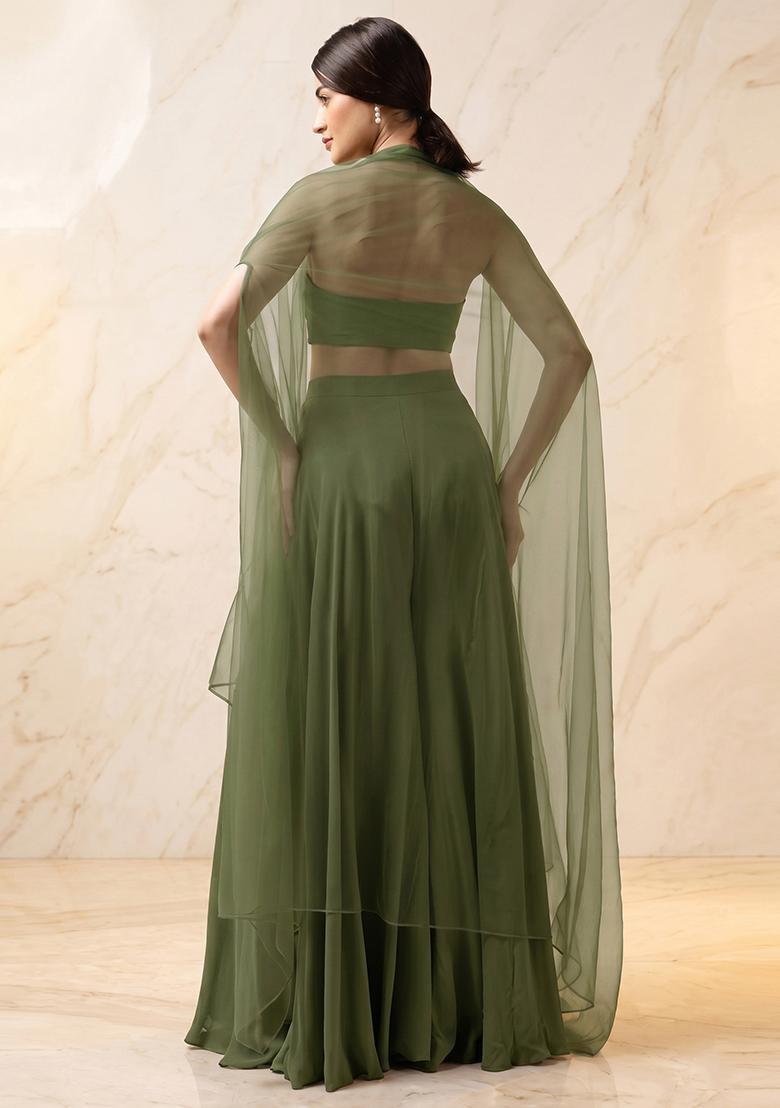 Olive Green Embroidered Handwork Sharara Set - Indya