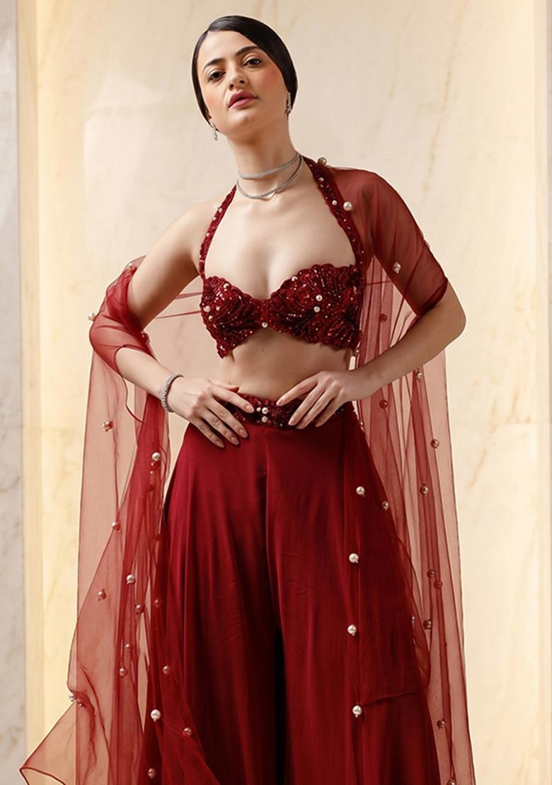 Red Embroidered Handwork Sharara Set - Indya
