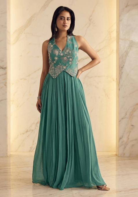Sea Green Embroidered Handwork Fusion Set
