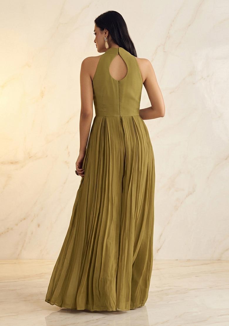 Olive Green Embroidered Handwork Fusion Set - Indya