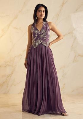 Purple Embroidered Handwork Fusion Set