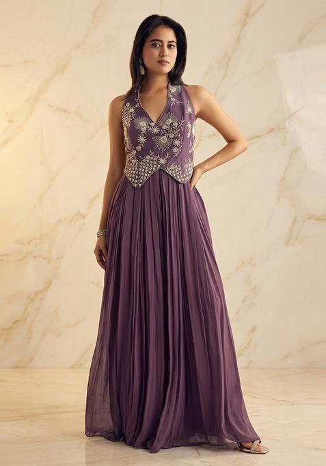 Purple Embroidered Handwork Fusion Set