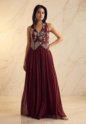 Wine Embroidered Handwork Fusion Set