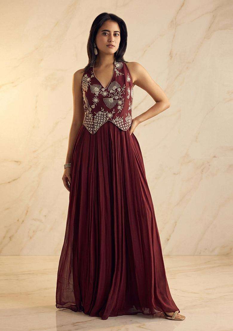 Wine Embroidered Handwork Fusion Set - Indya
