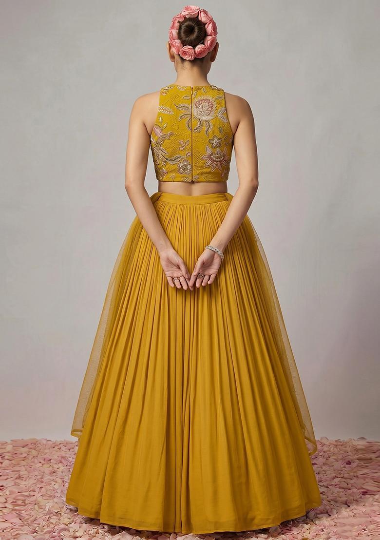 Yellow Embroidered Organza Lehenga Set - Indya