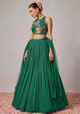 Dark Green Embroidered Organza Lehenga Set