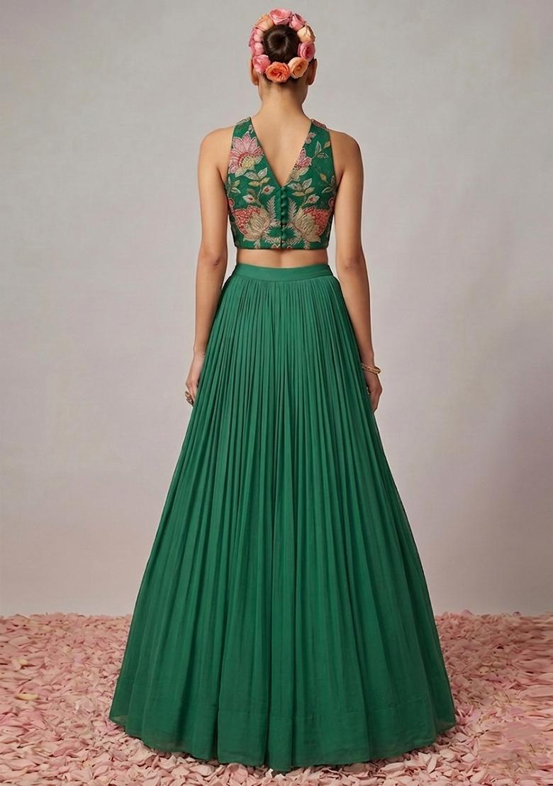 Dark Green Embroidered Organza Lehenga Set - Indya