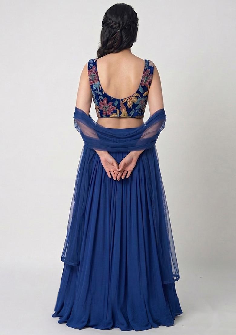 Navy Blue Printed Crepe Lehenga Set - Indya